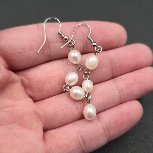 Silver Plated Triple Genuine White Pearl Dangle Earrings A6576 - Picture 3 of 5